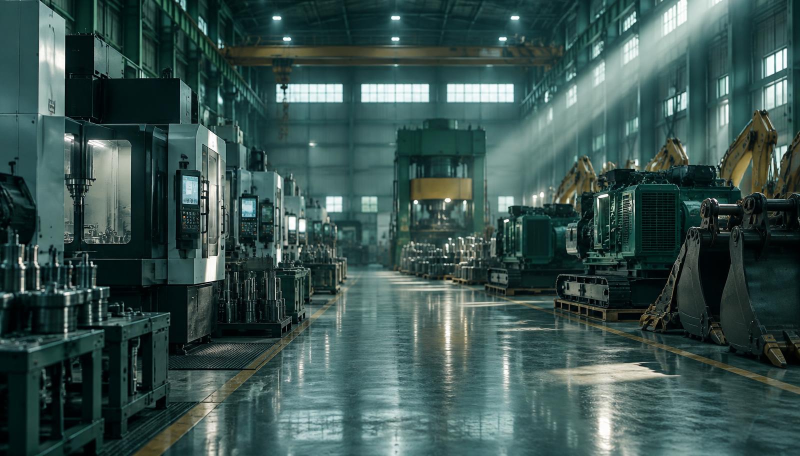 Rows of CNC machining centres, presses and heavy machinery inside a modern industrial equipment hall