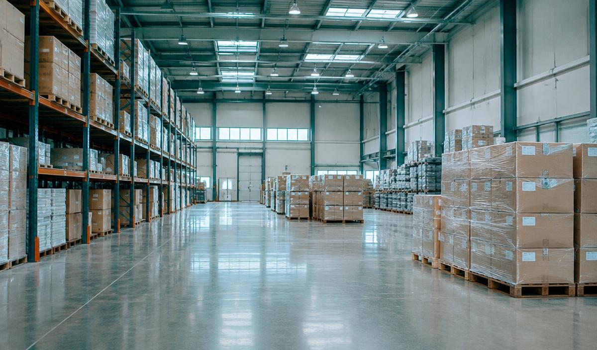 Organized modern distribution warehouse with palletized goods
